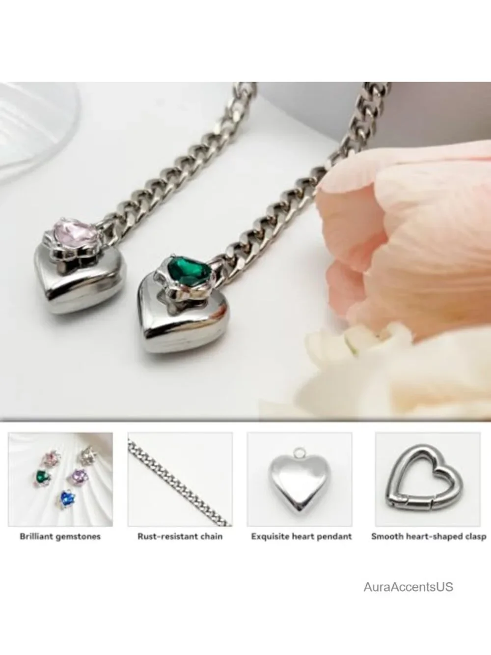 Heart Pendant Slip Chain Necklace with Rhinestone